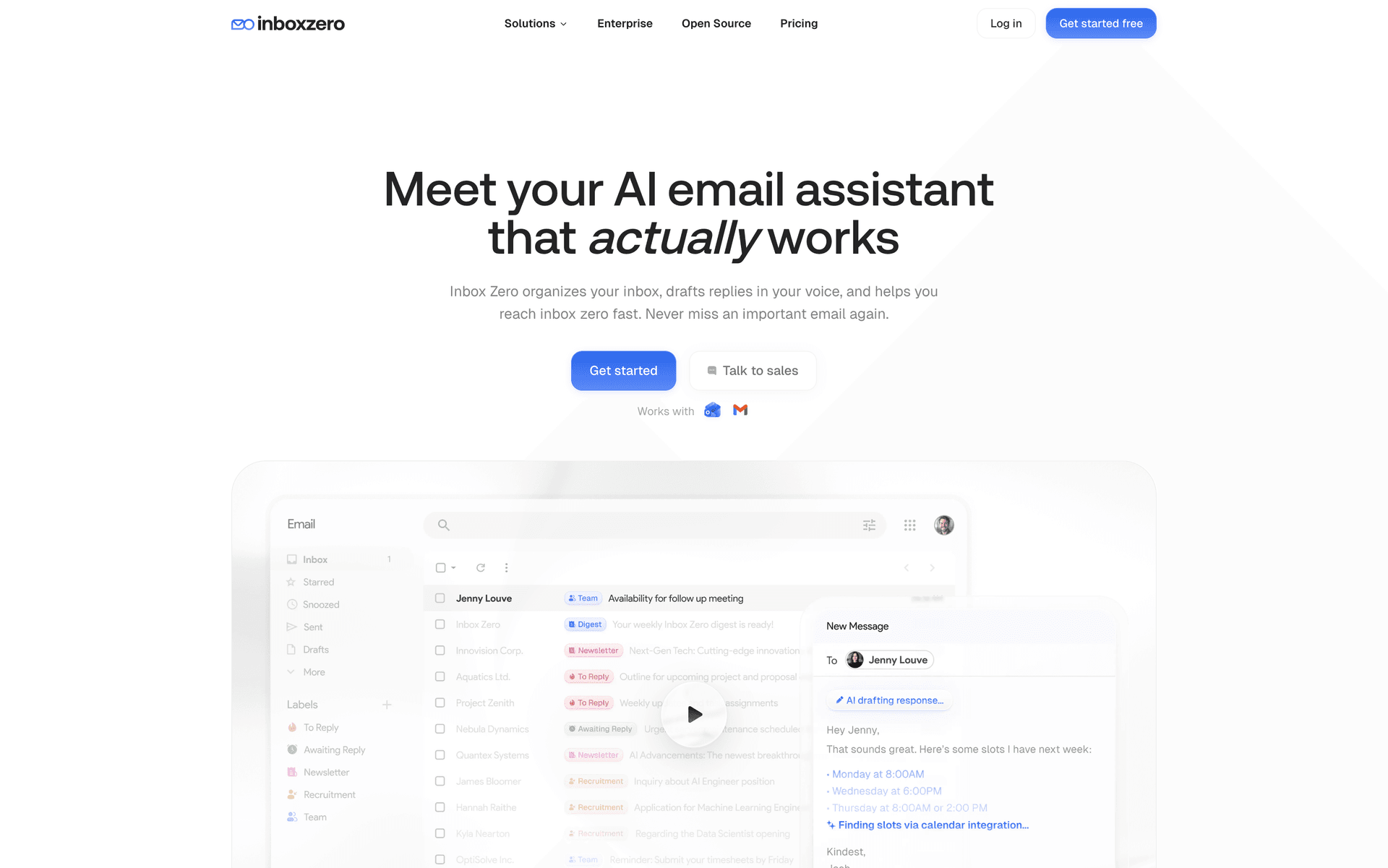Inbox Zero homepage showing AI email assistant and inbox management features